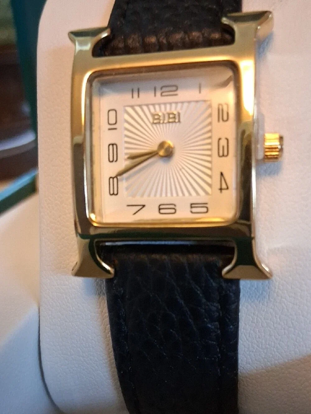 Bibi Luxury Square Gold Womens Watch Sunburst Face Brown Pebble Leather Strap
